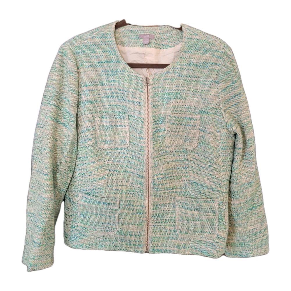 J. Jill Size M Green Linen Blend Career Business Full Zip Jacket‎ Tweed Blazer